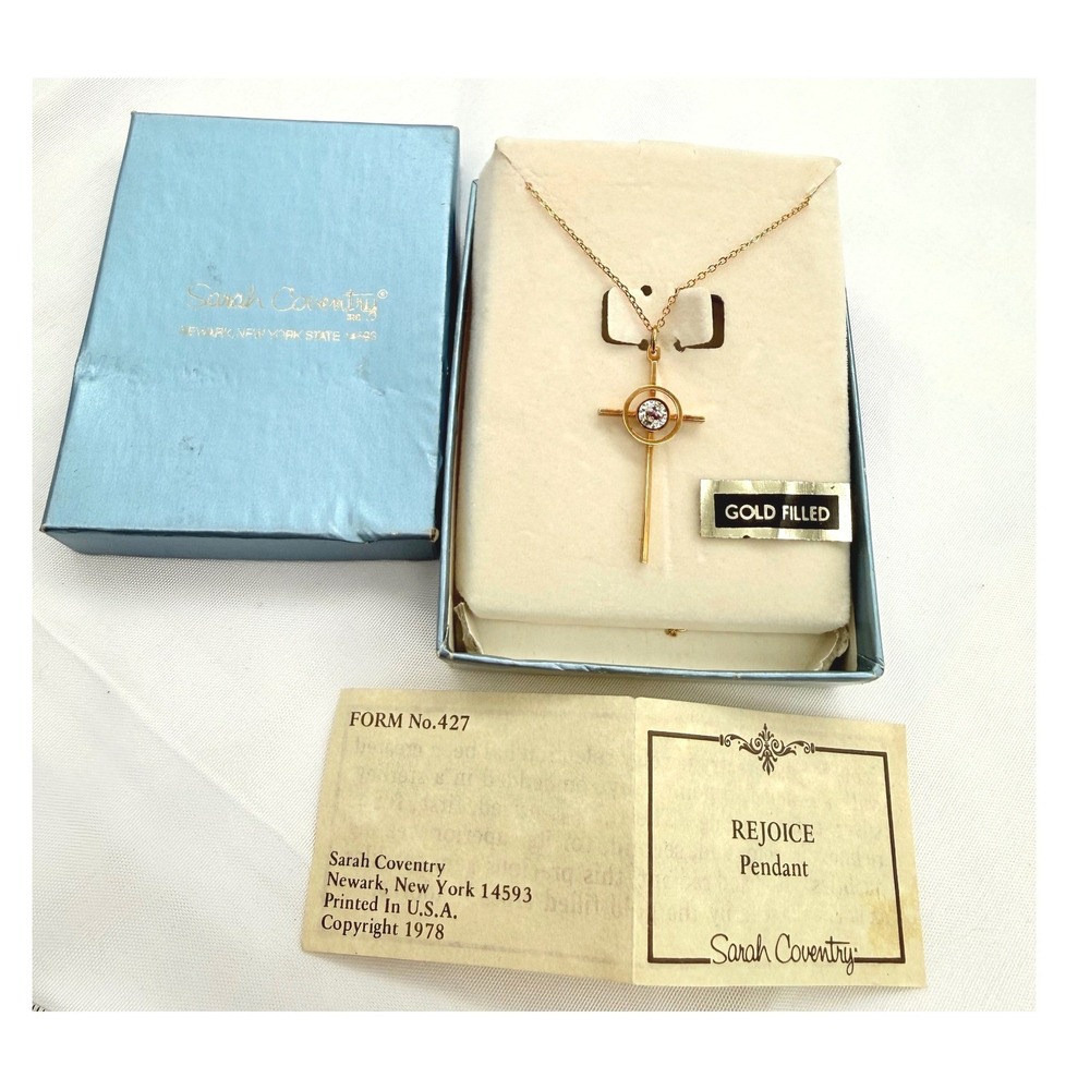 Sarah Coventry 1978 Rejoice Cross Pendant‎ Necklace Gold Filled Genuine Ruby Box